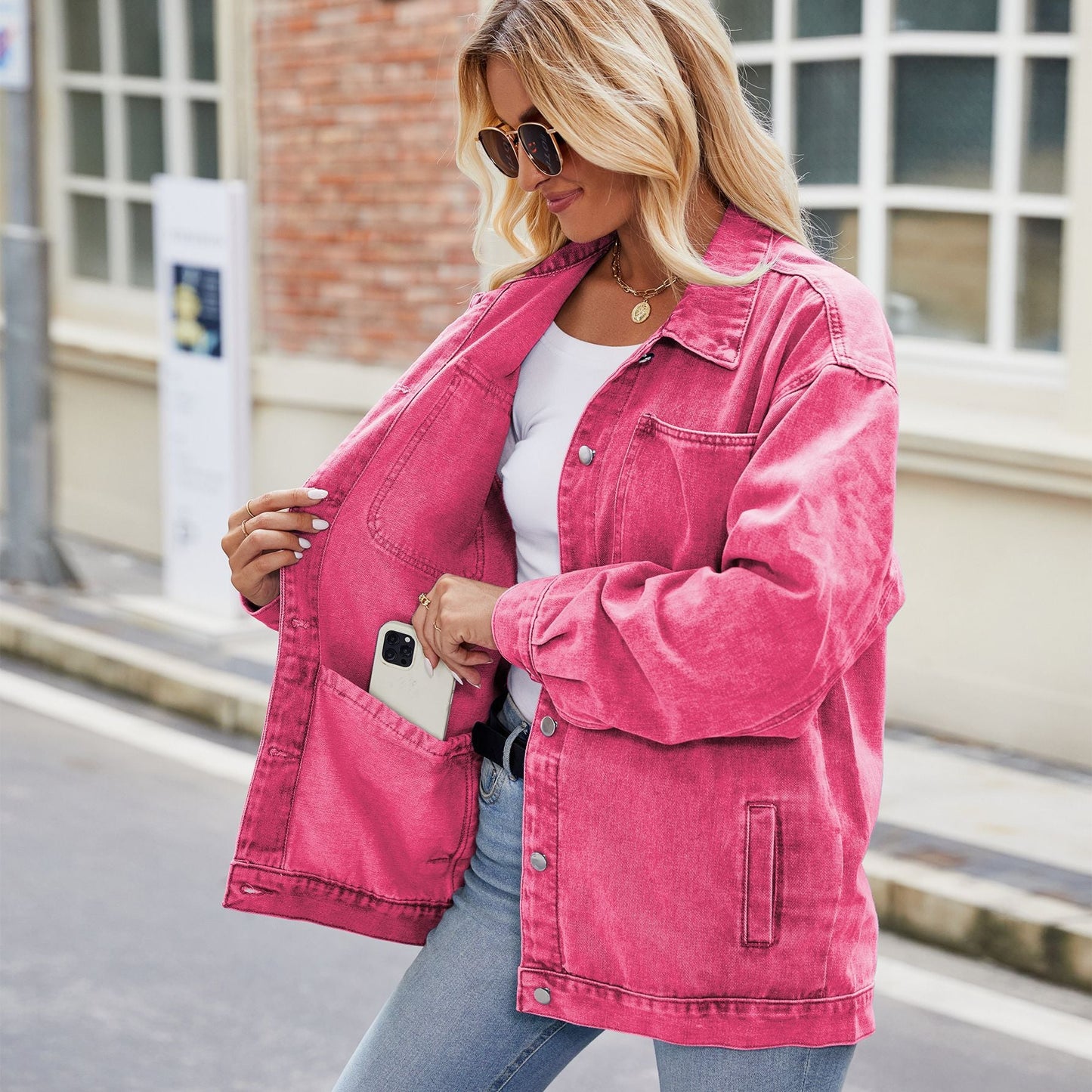 Women's Washed Denim Jacket with Long Sleeves and Loose Fit