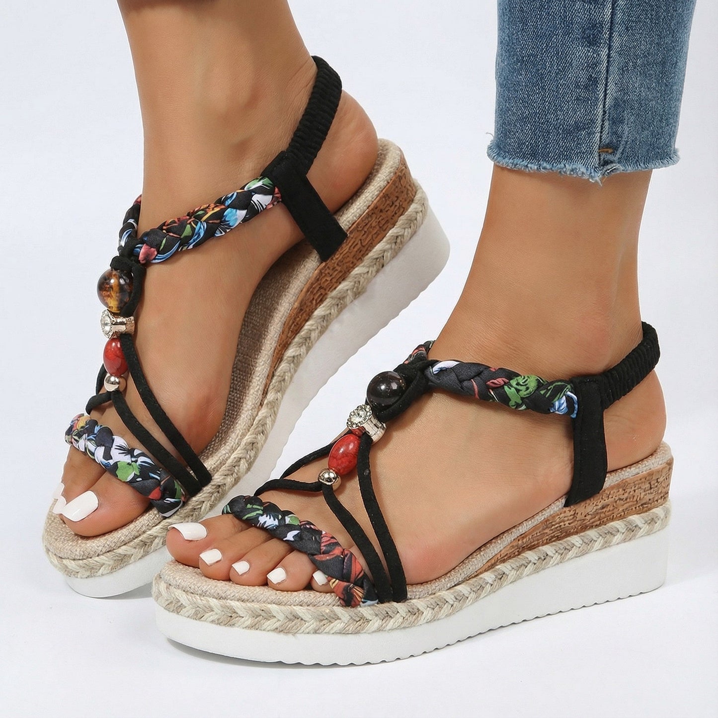 Damesommer-sandaler Slip On med fletremme, platformsål og perler – Sandalestil