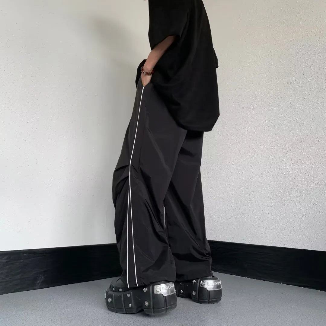 Men's Long Straight-Leg Wide Sports Pants in Black with Micro Elastic Fabric