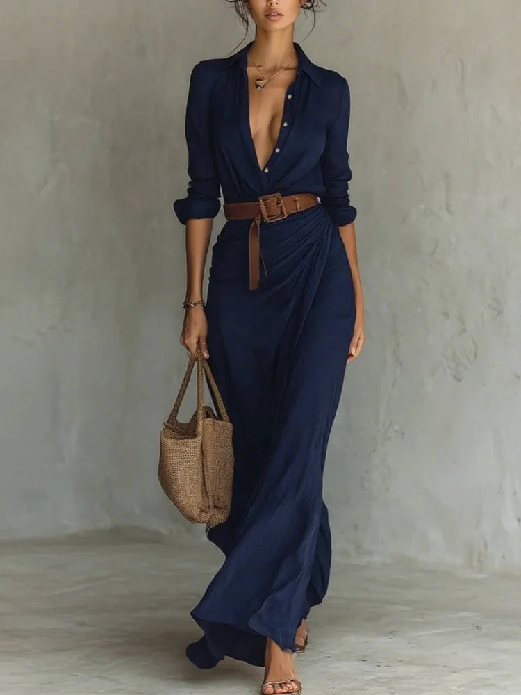 Women's Autumn Dress with Irregular Ruffles, Belt, and Long Sleeves