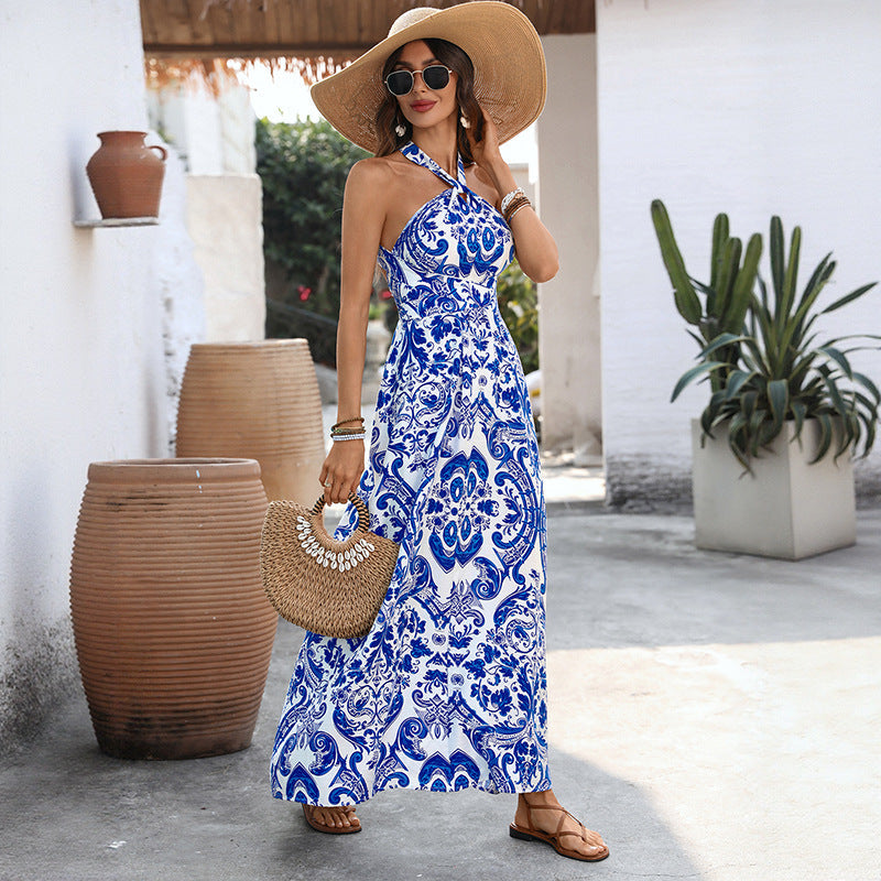 Women's Summer Midi Dress with Blue Floral Print and High Waist – Elegant A-Line Dress