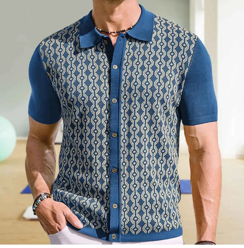 Camisa de hombre de manga corta con cuello de solapa y motivo geométrico jacquard – estilo casual