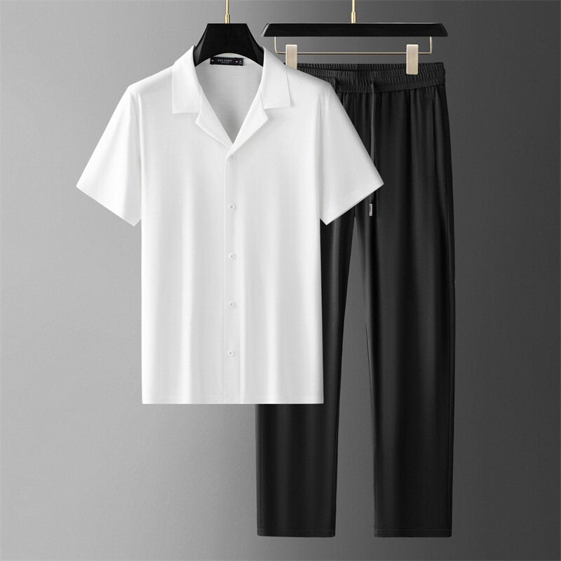 Men's Summer Set with Short Sleeve Shirt and Coordinated Pants – Silk Feel Casual