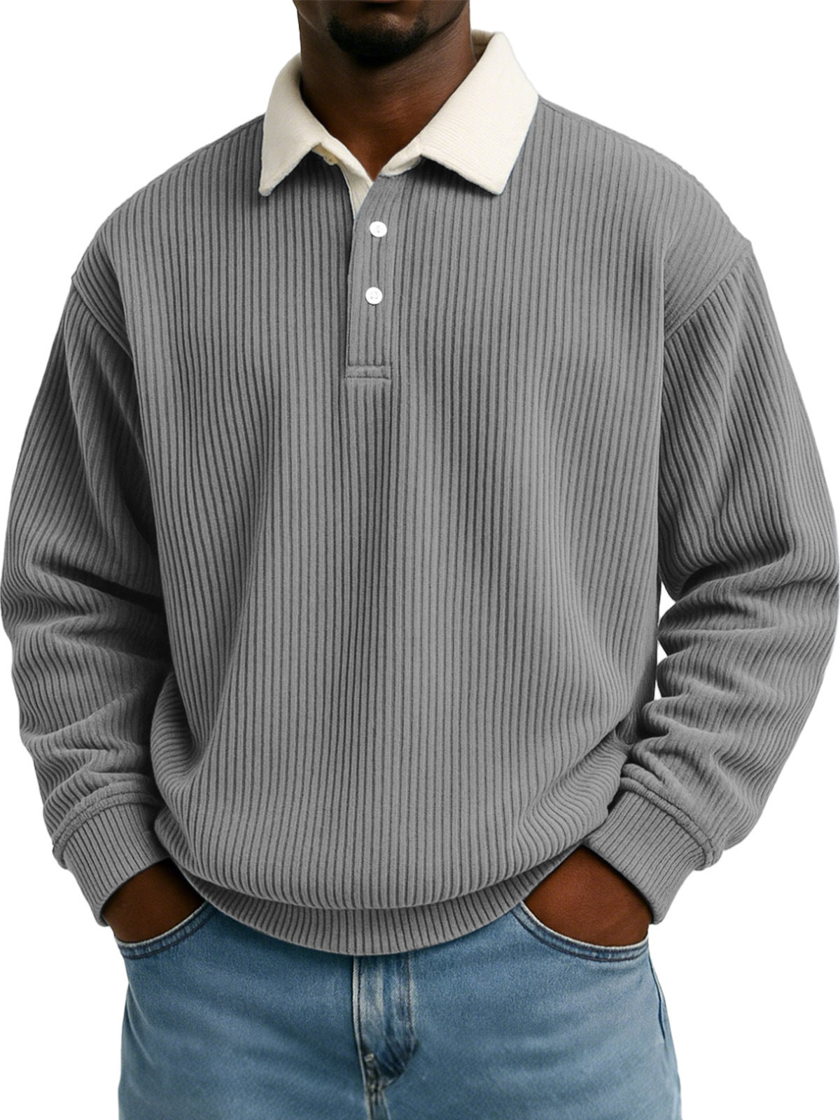 Camisa de hombre de pana retro color block con estampado de rayas y manga larga
