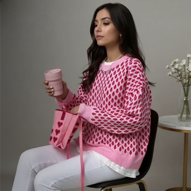 Maglione Donna Oversize con Stampa Fragole e Girocollo – Stile Casual