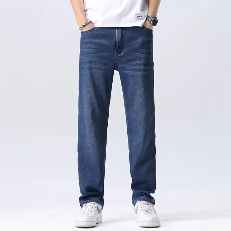Men's Wide-Leg Ice Silk Fabric Pants with Zip Fly – Straight Leg