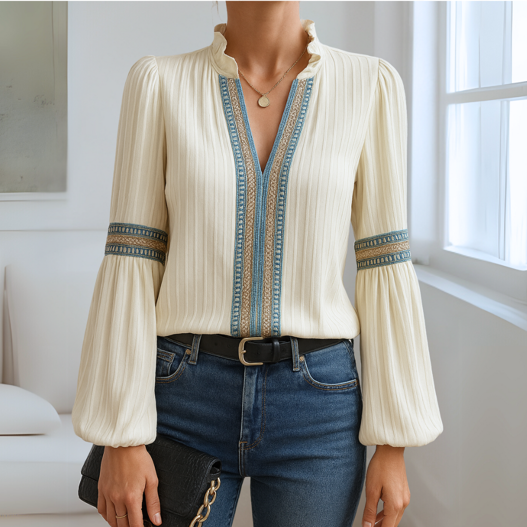 Women's Blouse with V-Neck, Lace Style Details, and Ruffles