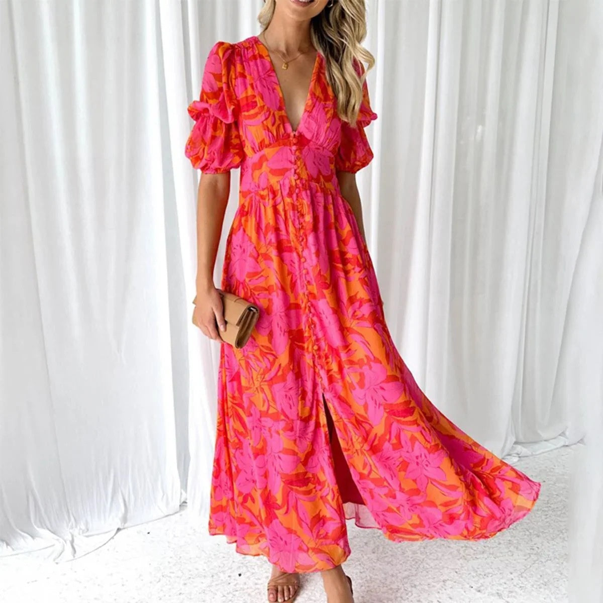 Abito Midi da Donna in Stile Chiffon con Scollo a V, Maniche Corte e Motivo Dipinto a Mano – Misto Poliestere
