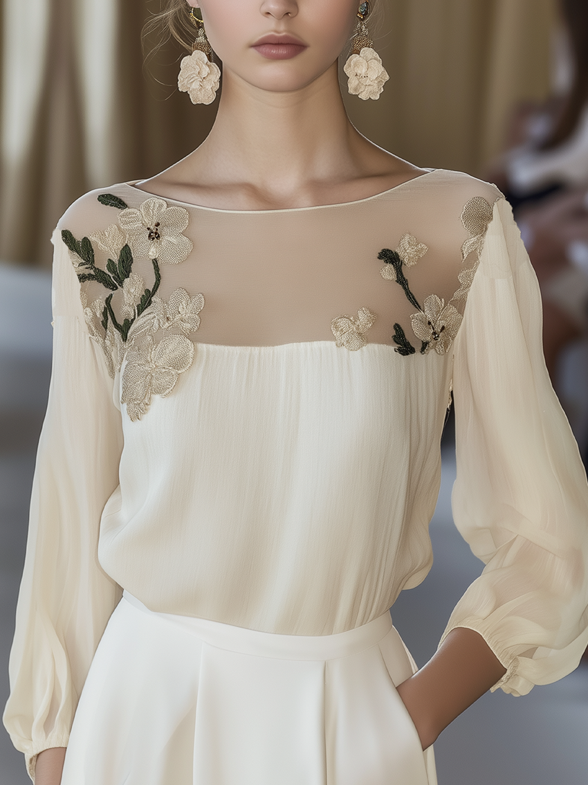 Beige Women's Blouse with Floral Embroidered Mesh Yoke