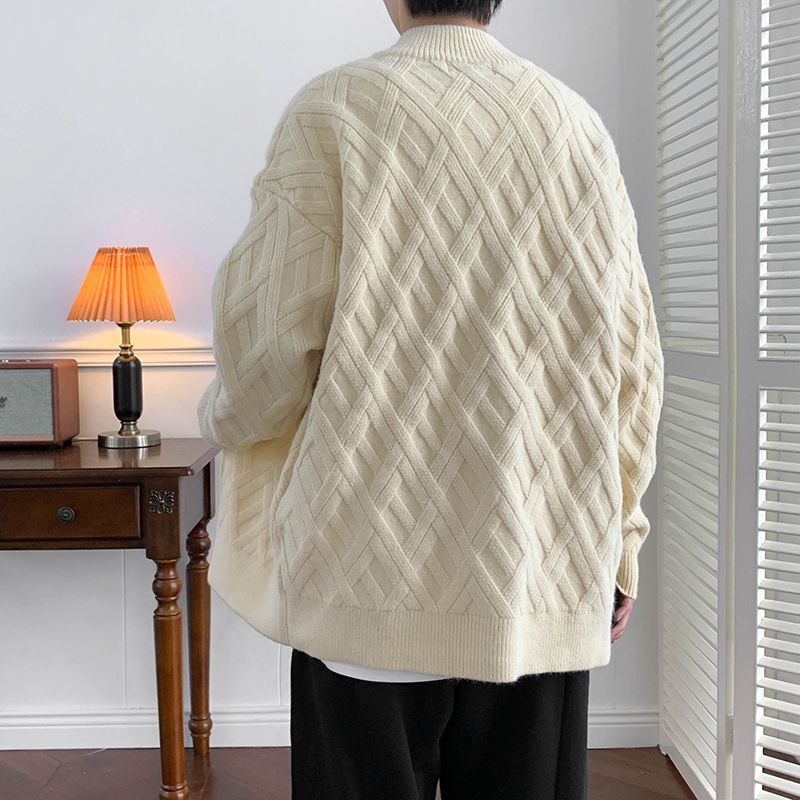 Men's Winter Cardigan with Cable Knit, High Collar, and Long Sleeves