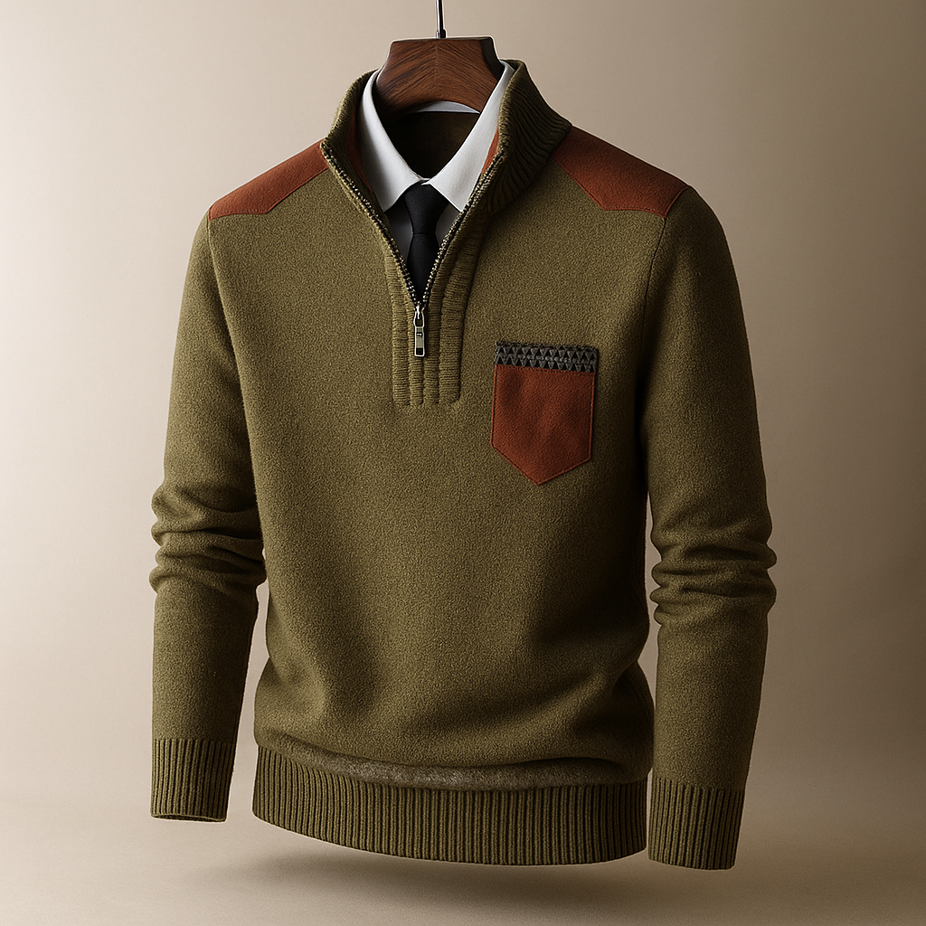 Maglione Uomo con Mezza Zip e Pannelli a Contrasto – Orlo a Coste e Design Versatile