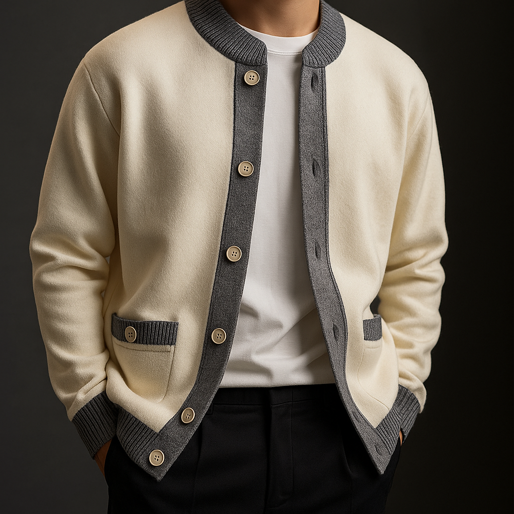 Men's Autumn Cardigan with Buttons and Two-Tone Contrast Edging – Structured Design