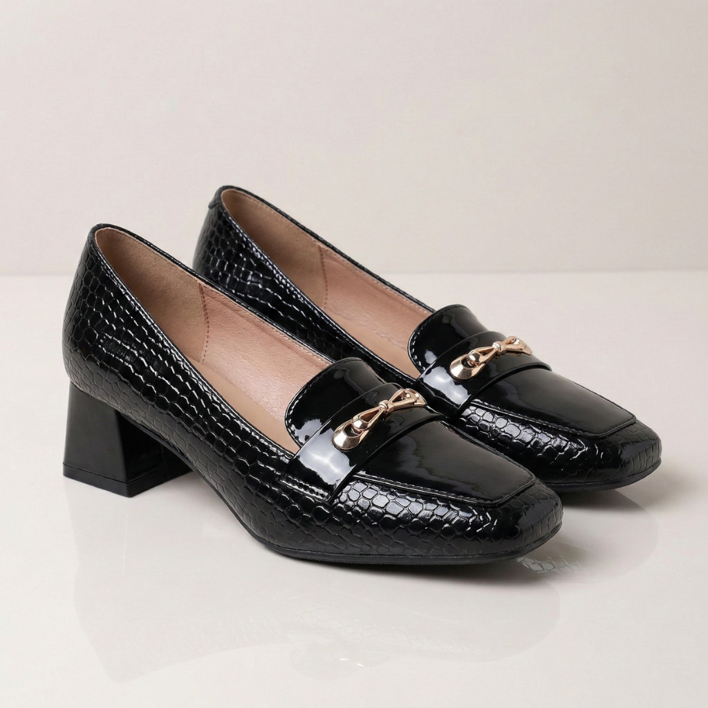 Décolleté Donna Punta Quadrata Tomaia Effetto Coccodrillo Vernice Lucida Tacco Largo – Scarpe Eleganti