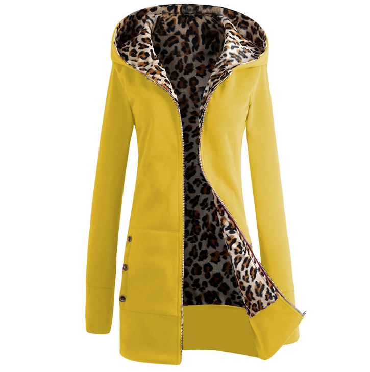 Women's Winter Jacket with Hood, Leopard Print and Thick Lining