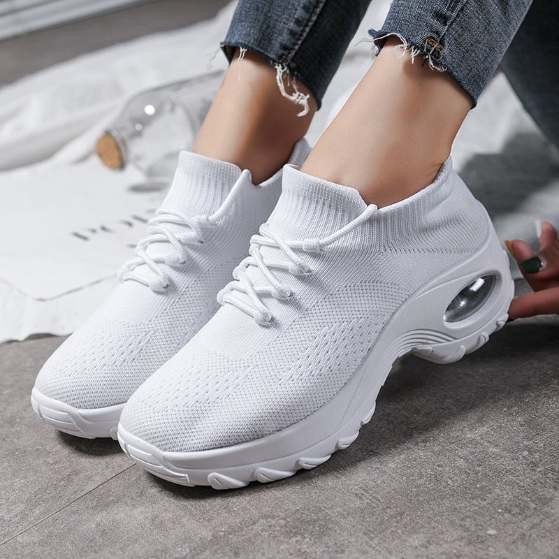 Women's Sports Shoes with Flying Knit Upper, Round Toe, Medium Heel, and Waterproof Sole