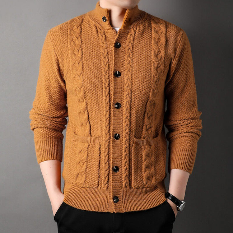 Men's Autumn Jacquard Knit Cardigan, Retro Style, Button Closure, Pockets, and Loose Fit.