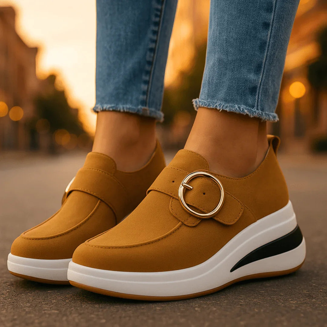 Scarpe Donna Platform in Finta Pelle Scamosciata – Zeppa con Fibbia Oro