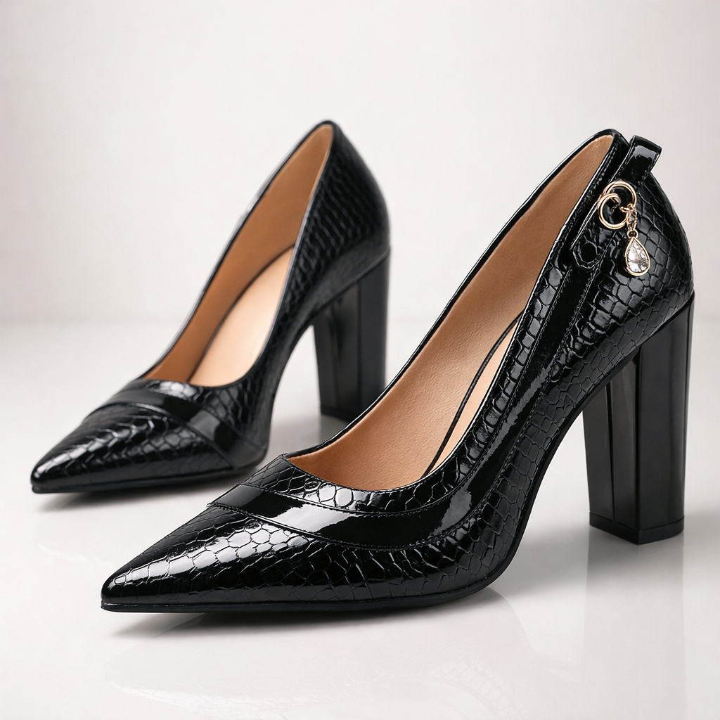 Dame Stiletto Spids til Spids Blank Finish Krokodilleeffekt Bred Hæl – Elegante Sko