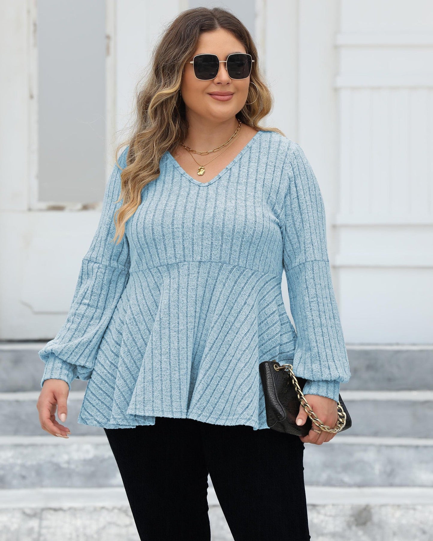 Women's Pullover Sweater with V-Neck and Striped Lantern Sleeves