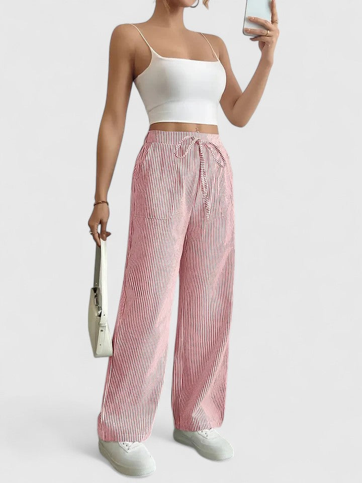 Women's Wide-Leg Pants with Elastic Waist, Drawstring, and Patch Pockets – Cotton Blend