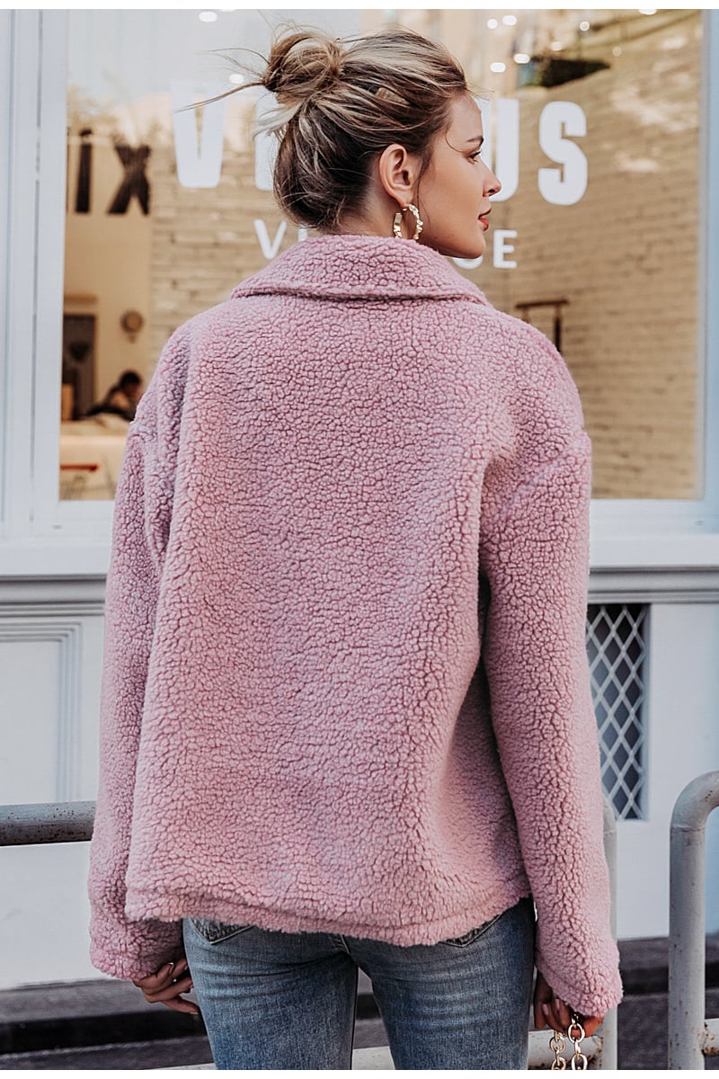 Women's Winter Coat in Synthetic Fur with Long Sleeves and Front Opening