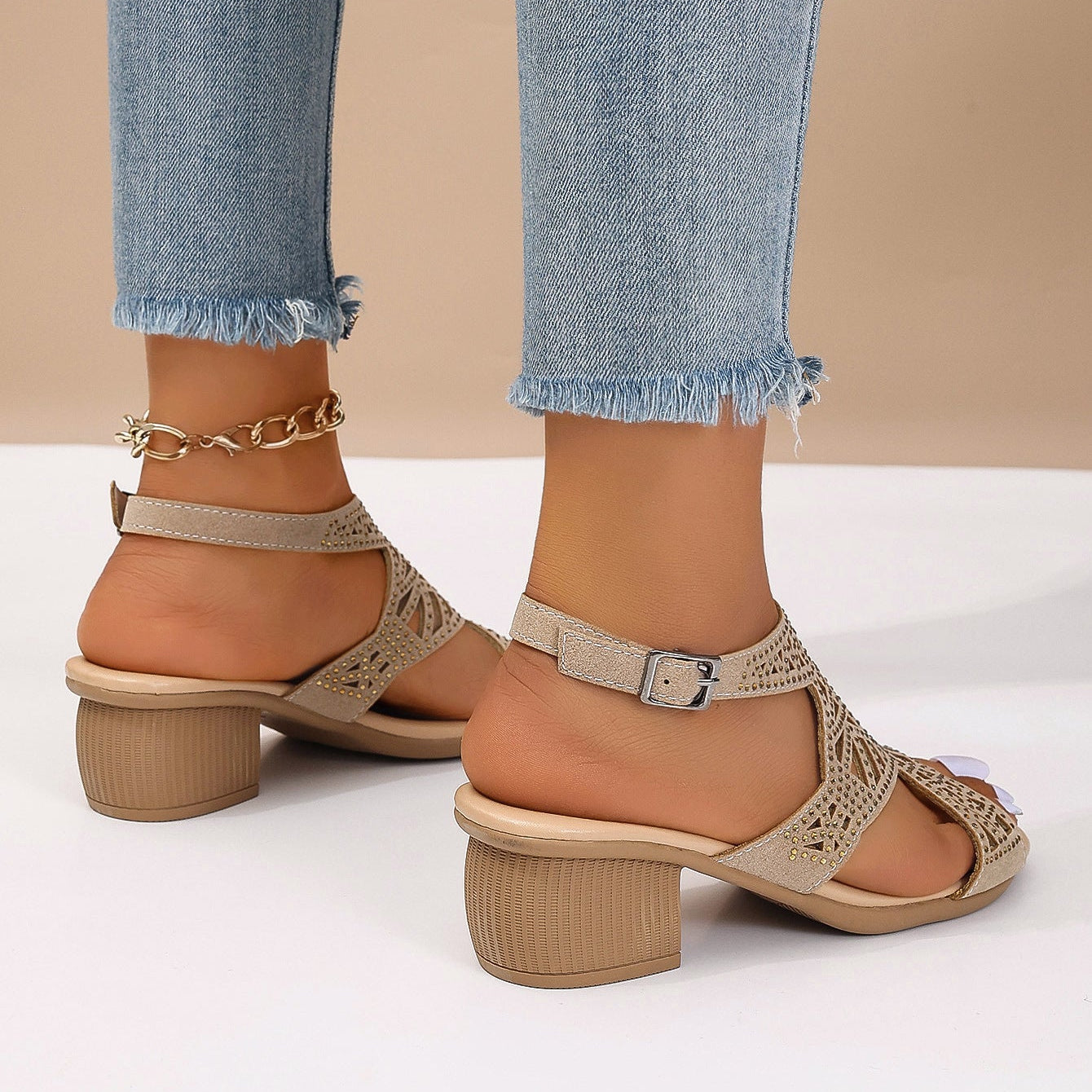 Sandalias de mujer con tacón ancho, punta abierta, strass y hebilla – Sandalias elegantes