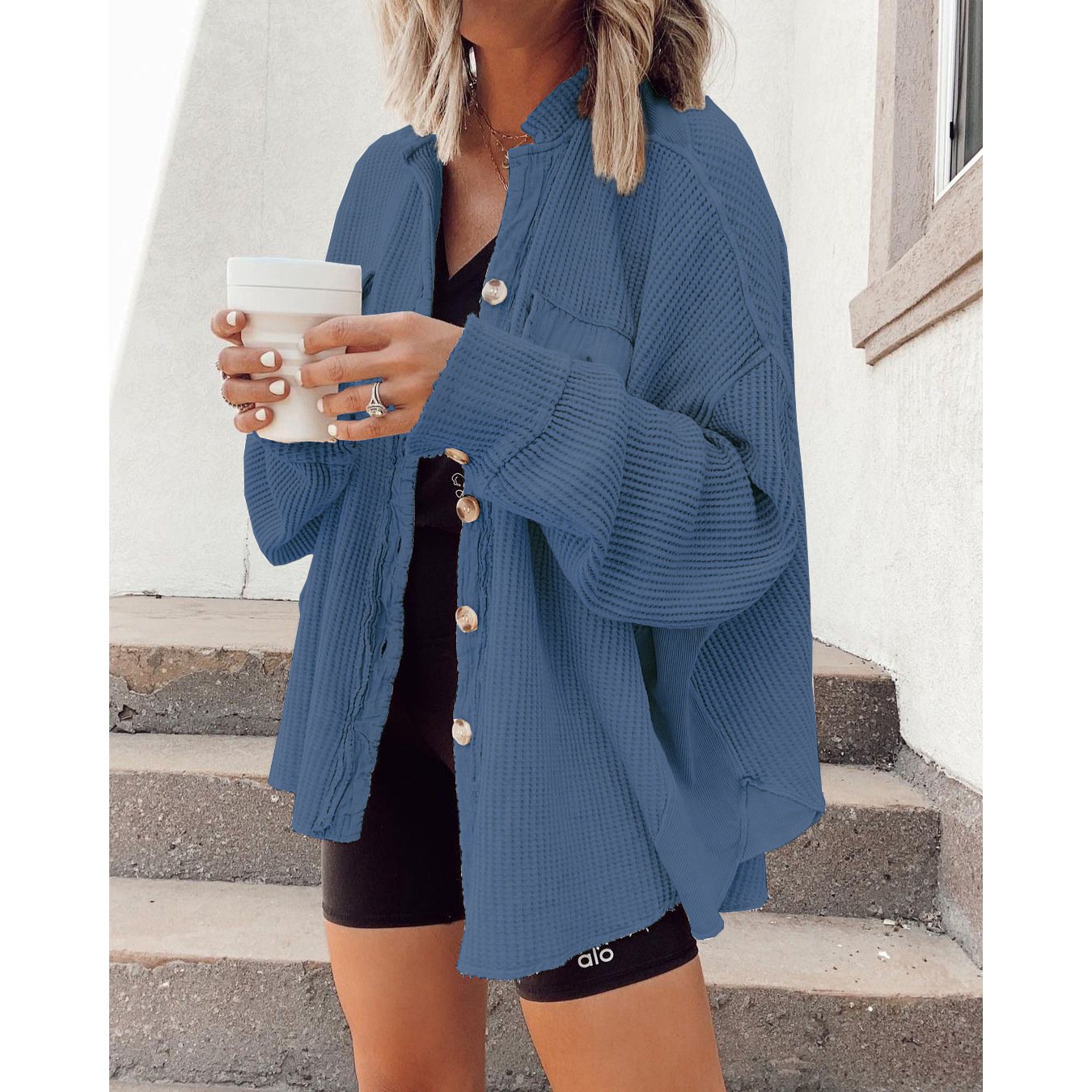 Giacca Camicia Donna con Colletto a Revers, Tasche Frontali e Orlo Irregolare