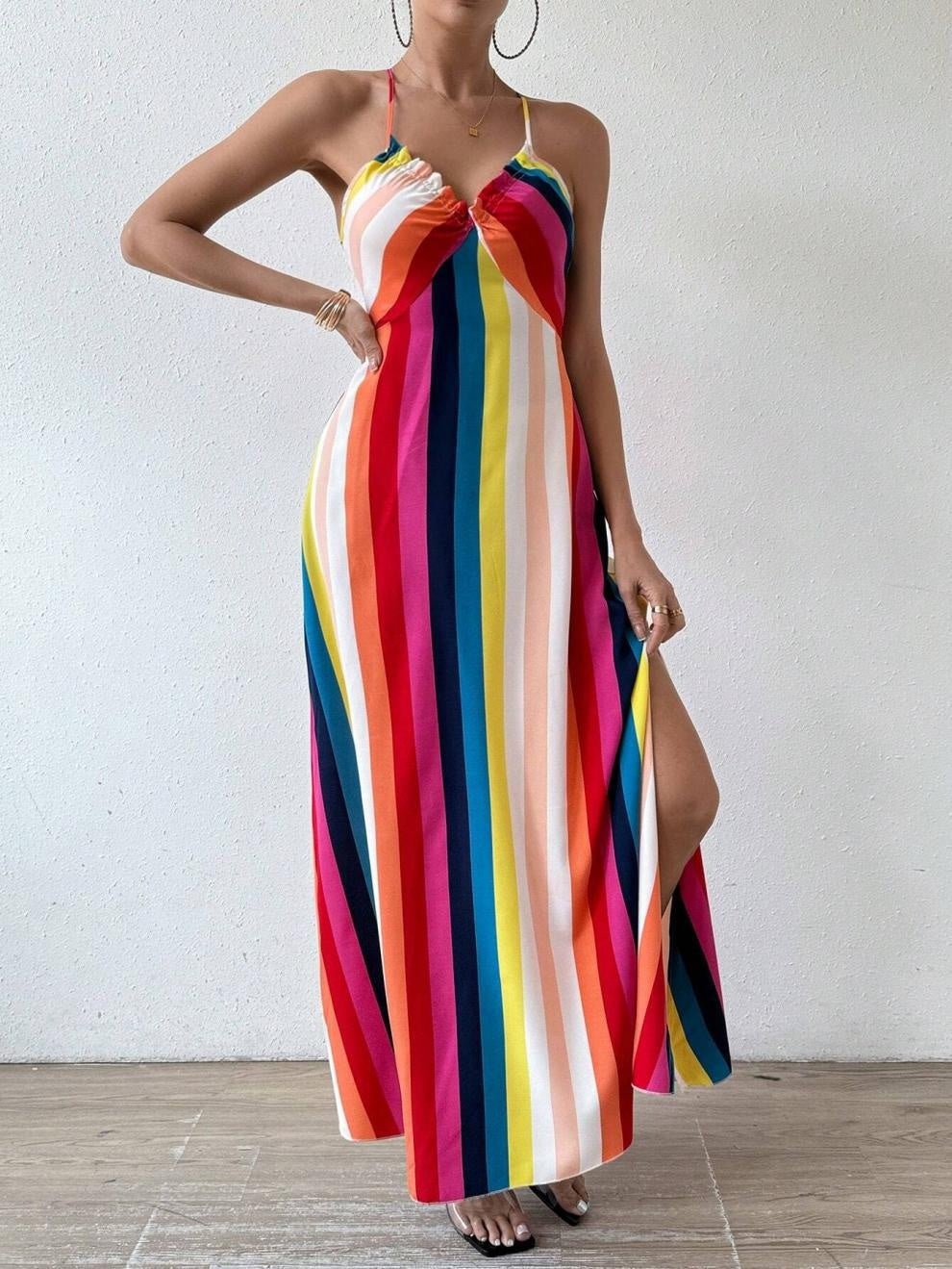 Abito Midi Donna a Righe Arcobaleno Senza Maniche – Abito Bodycon Elegante