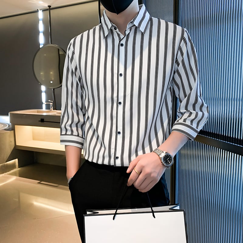 Camicia da Uomo a Maniche Lunghe con Colletto Quadrato e Motivo a Righe