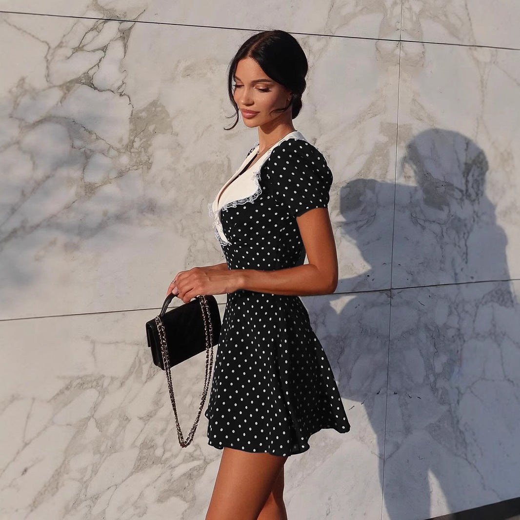 Abito Midi Donna a Pois con Scollo a V, Pizzo e Maniche a Palloncino