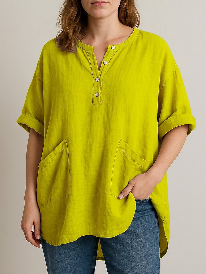 Women's Short Sleeve Shirt with V-Neck, Solid Color and Loose Fit