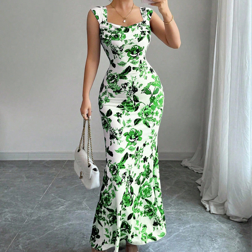 Abito Midi Donna con Scollo Quadrato, Nodo Frontale e Vita Alta – Abito Floreale Elegante