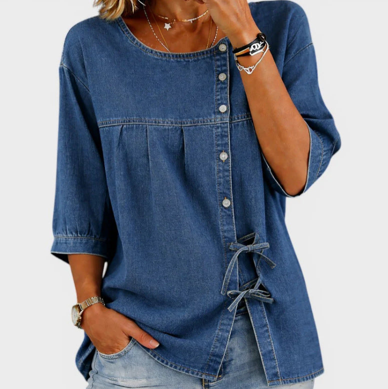 Blusa estampada de manga larga para mujer con detalles de lazo