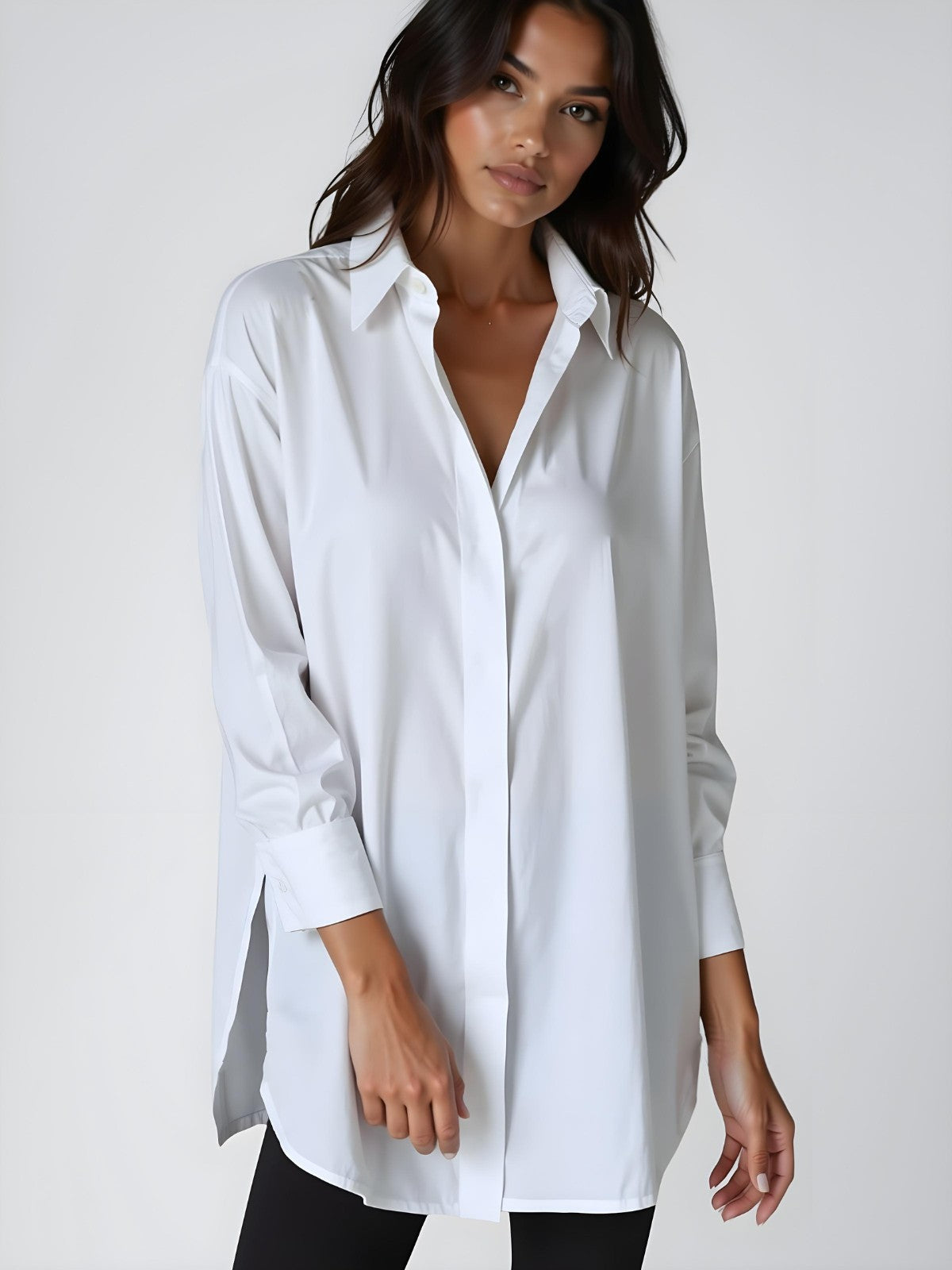 Women's Oversized Shirt Dress with Notched Collar, Front Buttons, Side Slit – Cotton Style