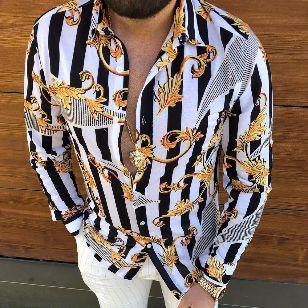 Men's Long Sleeve Shirt with Slim Fit, All-Over Print, and Notched Collar