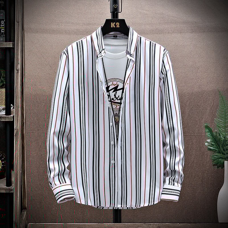 Camicia da Uomo a Maniche Lunghe con Colletto a Rever e Motivo a Righe