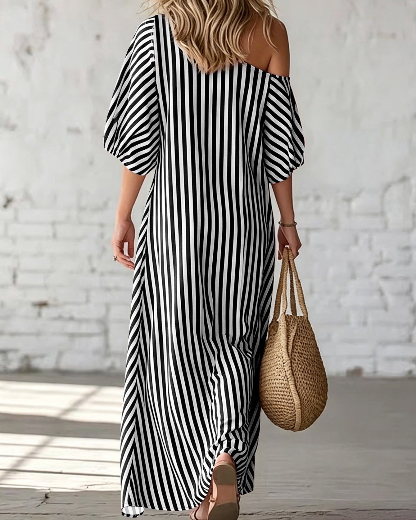 Women’s Long Summer Striped Dress with One-Shoulder Neckline and Ruffle
