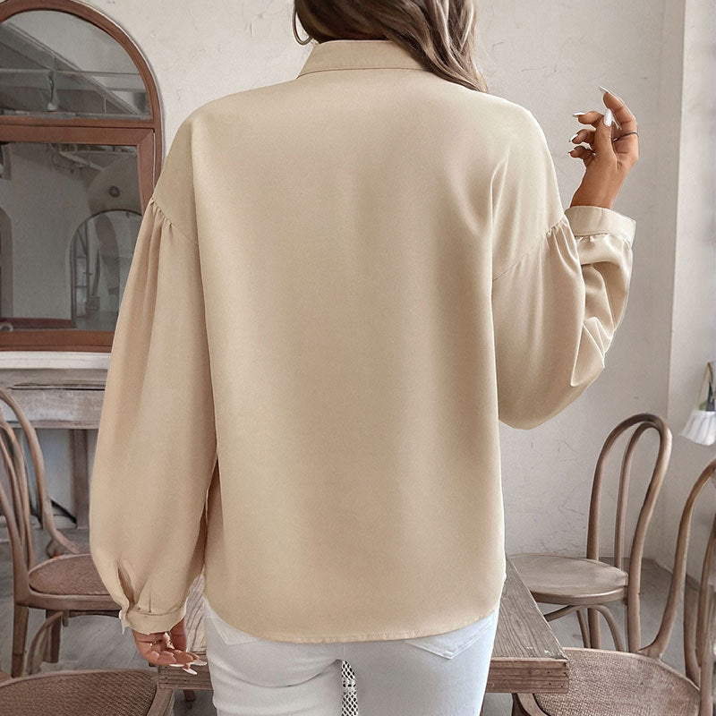 Women's Long Sleeve Shirt with High Collar, Balloon Sleeves, and Ring Pattern
