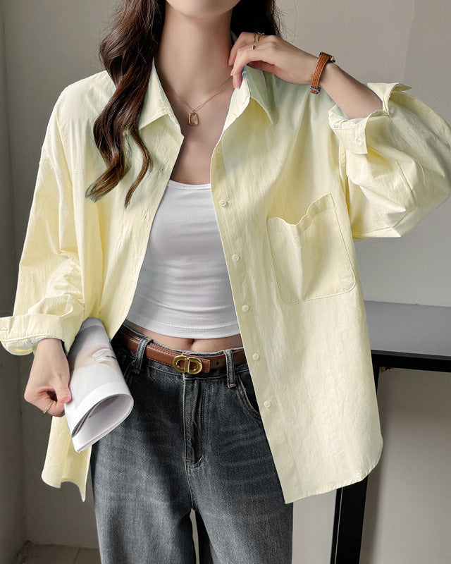 Women's Long Sleeve Solid Color Shirt with Loose Fit and Plus Sizes