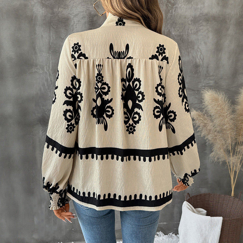 Women's Pullover Shirt with High Collar, Ethnic Print, and Lantern Sleeves