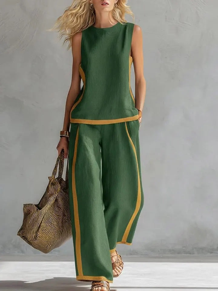 Completo Donna con Top Senza Maniche Girocollo e Pantaloni a Vita Alta a Gamba Larga – Design Color Block