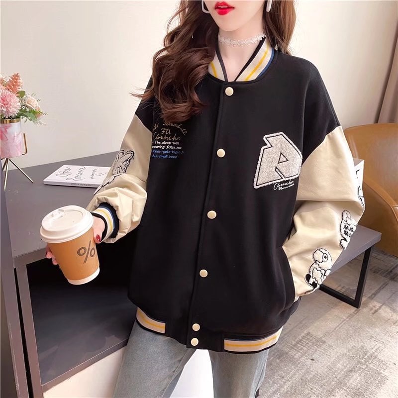 Chaqueta de mujer estilo béisbol con estampado de dibujos animados y mangas largas
