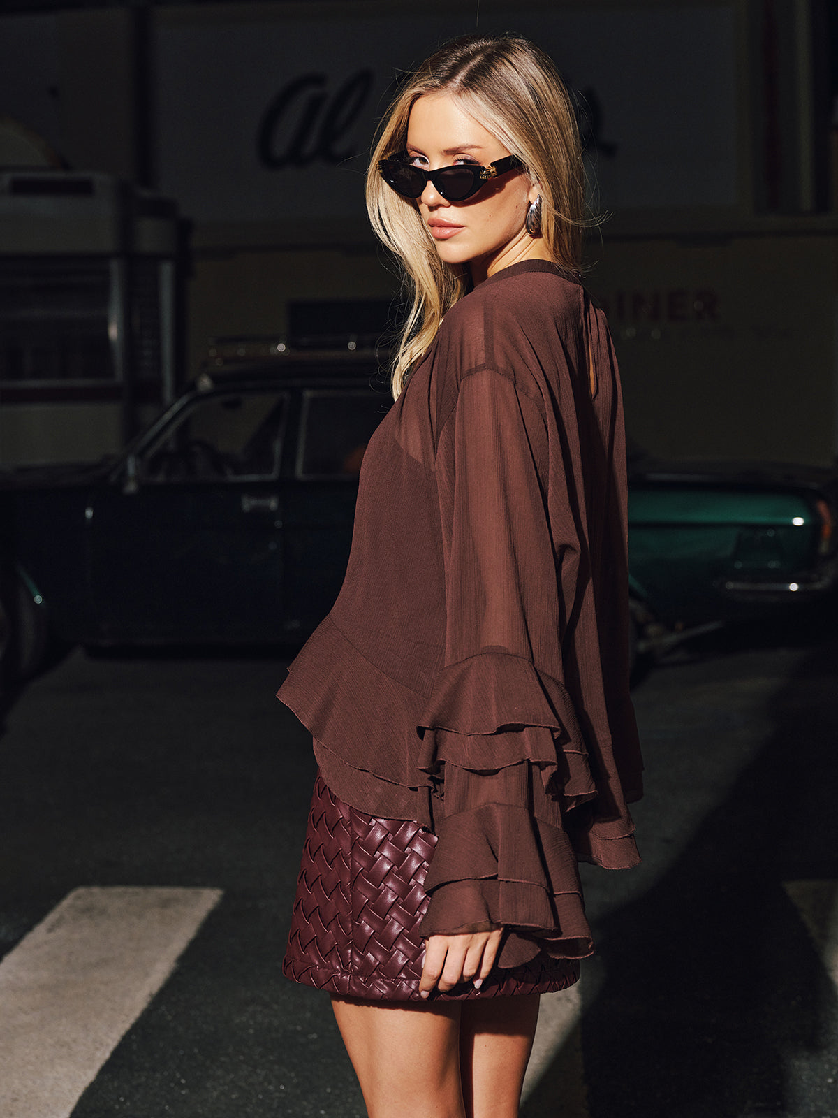 Women's Blouse with Overlapping Ruffles, Long Semi-Transparent Sleeves, Crew Neck