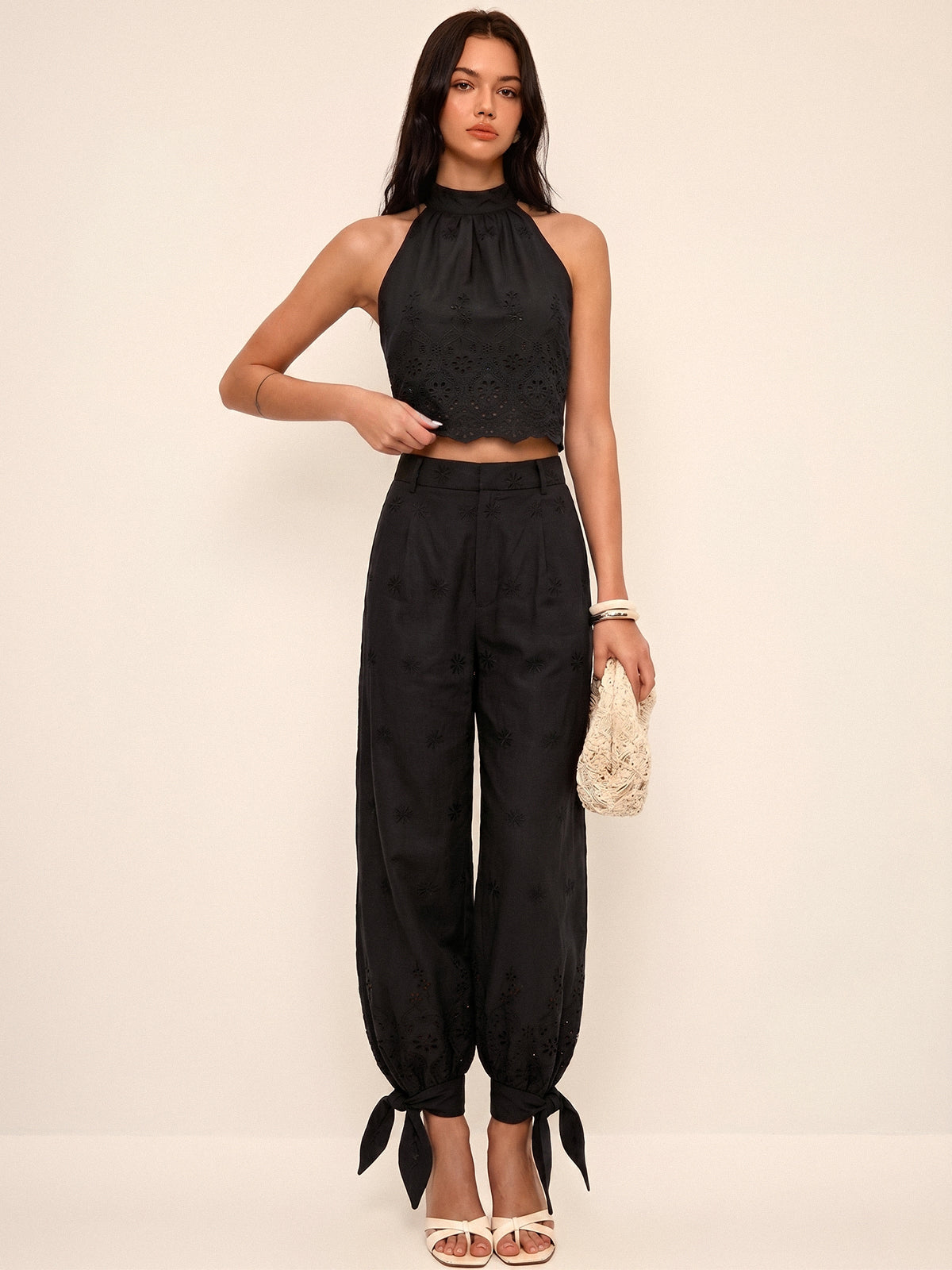 Women's Two-Piece Set with Perforated Top and Pants with Ankle Ties – Regular Fit