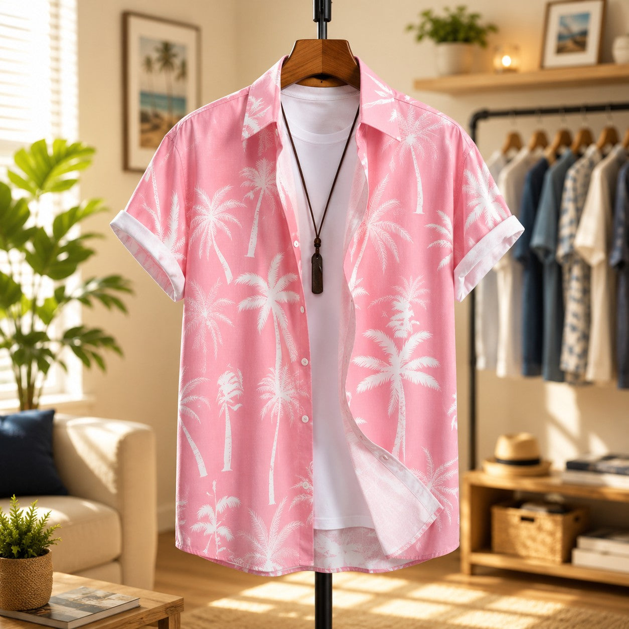 Camicia Estiva Uomo con Stampa Palme e Colletto a Revers – Vestibilità Comoda Casual