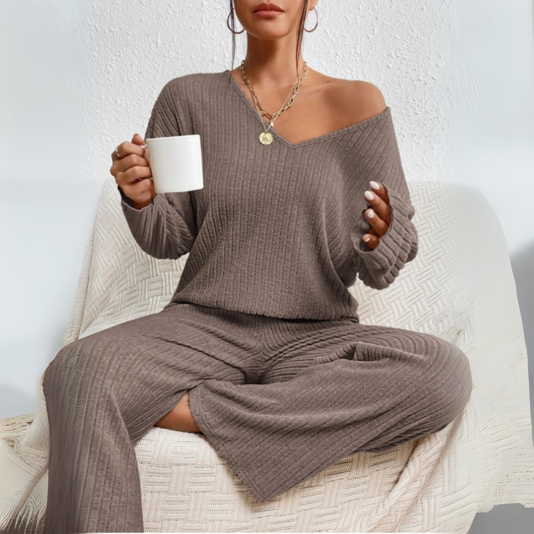 Women's Loungewear Set with V-Neck Sweater and Straight-Leg Pants