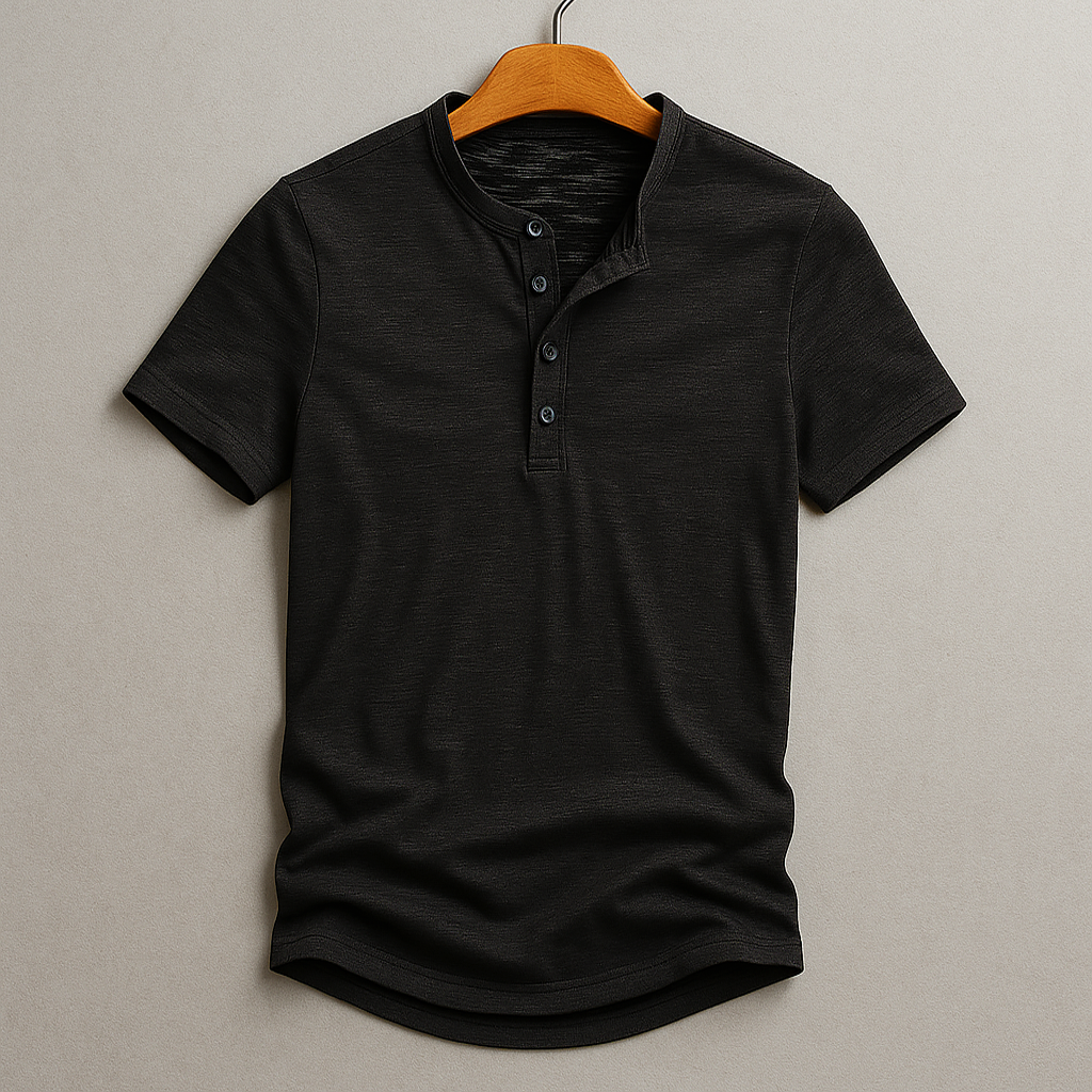 Men's Spring Henley T-Shirt with Rounded Hem and Lightweight Fabric