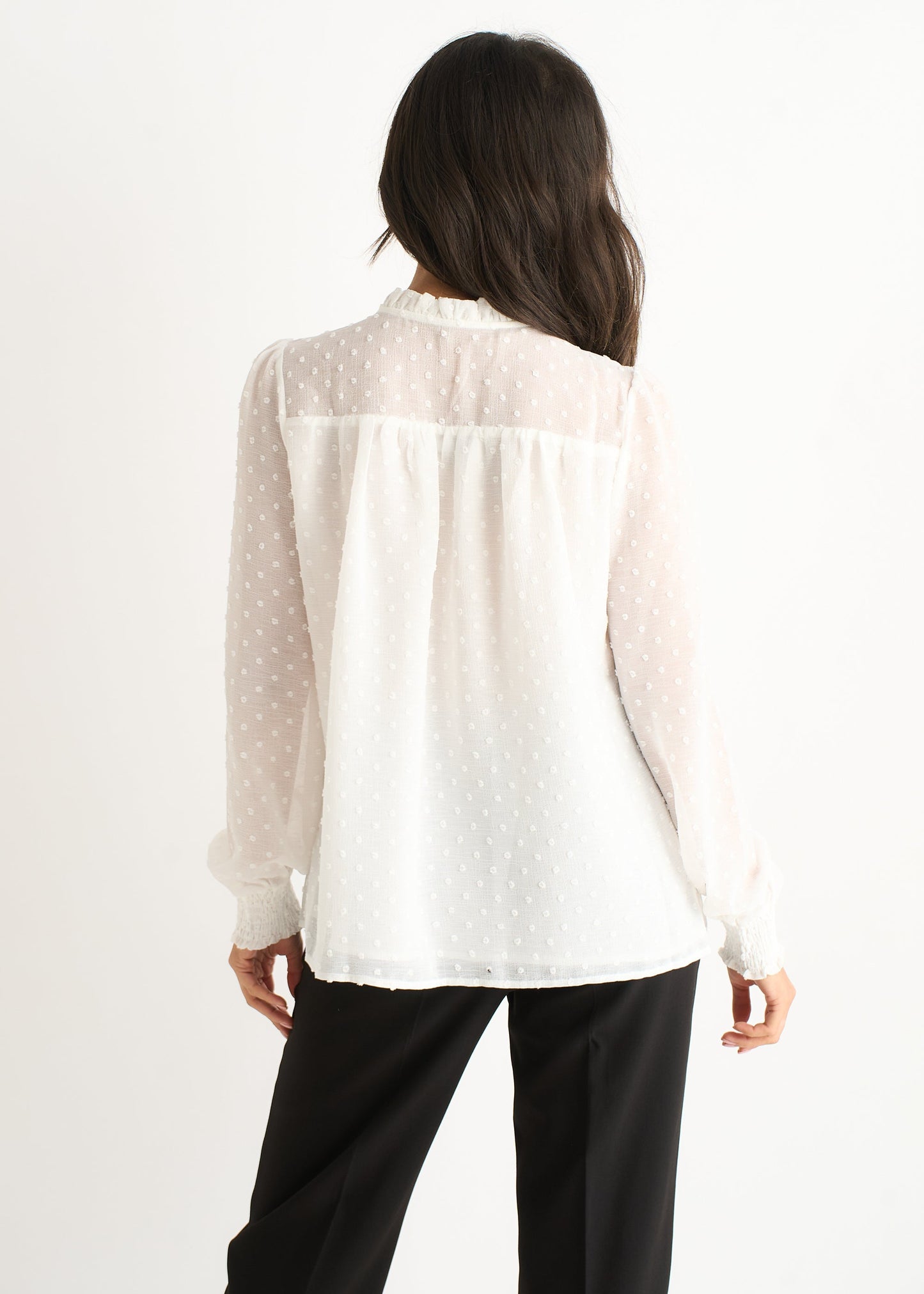 White Women's Blouse in Dobby Fabric – Ruffled Collar and Long Sleeves