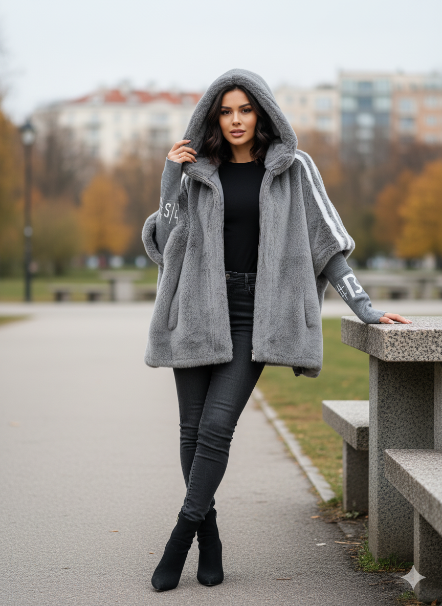 Women's Winter Coat in Eco Fur with Hood and Contrast Details on the Sleeves