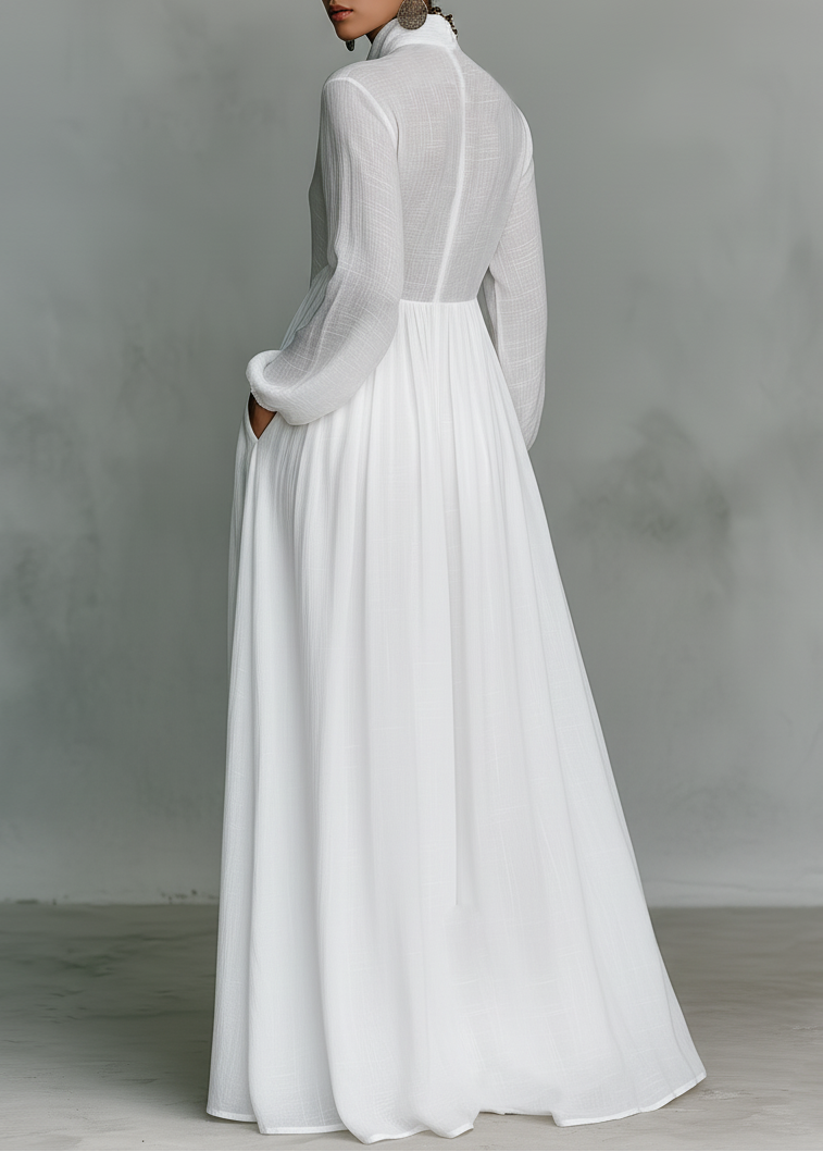 Women's Spring Maxi Dress Patchwork High Neck Long Sleeve Front Buttons